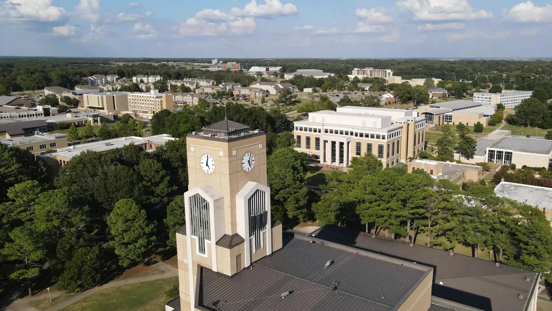 Aerial view of the Arkansas State University campus and clock tower