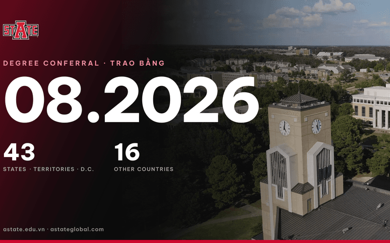 Đợt trao bằng tháng 8/2026 của Arkansas State University: tân khoa đến từ 43 bang, lãnh thổ và D.C. cùng 16 quốc gia khác, trên nền tháp đồng hồ của trường