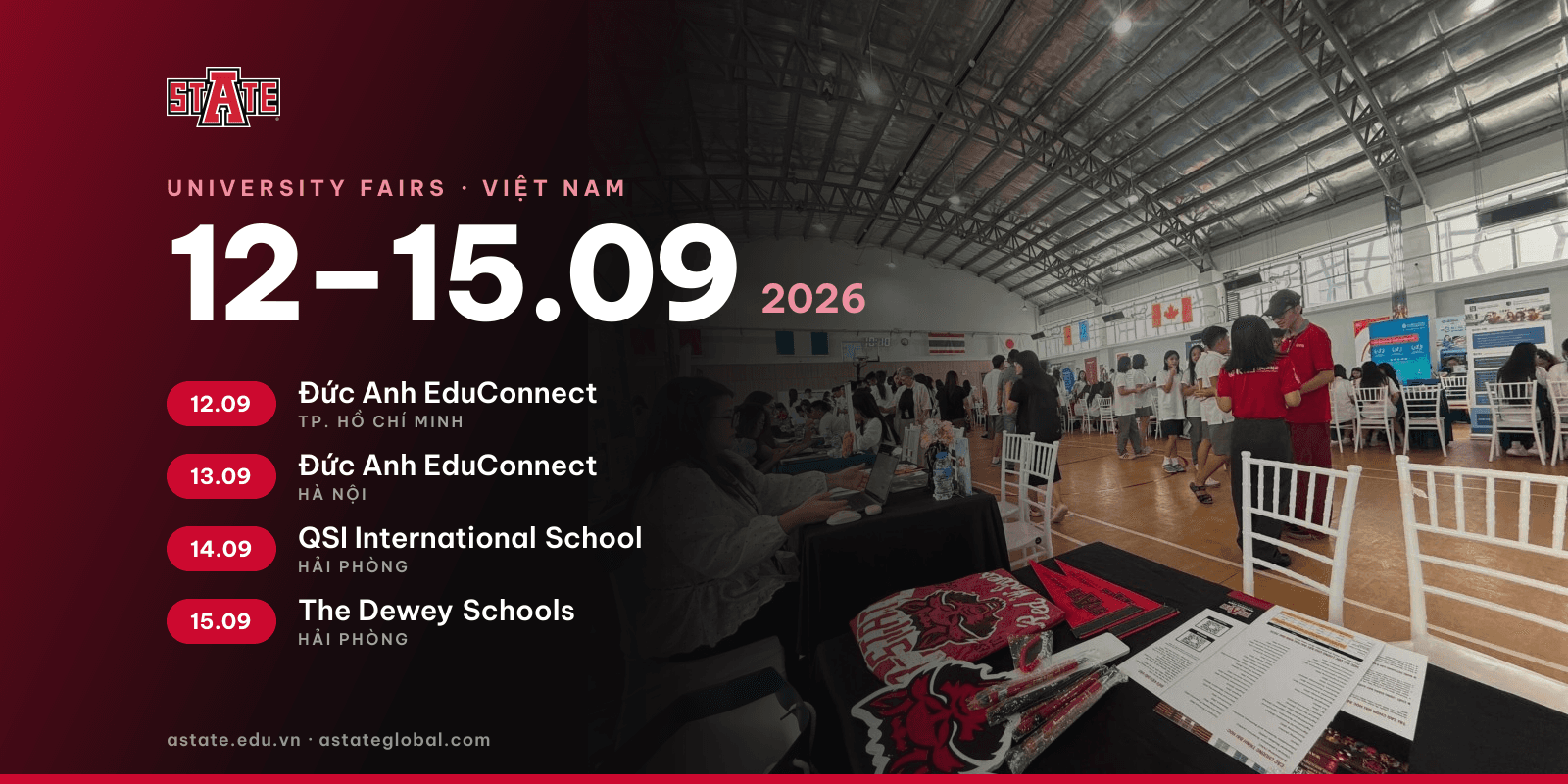 A-State tại bốn hội thảo du học 12–15/9/2026: Đức Anh EduConnect ở TP. Hồ Chí Minh và Hà Nội, QSI International School và The Dewey Schools ở Hải Phòng