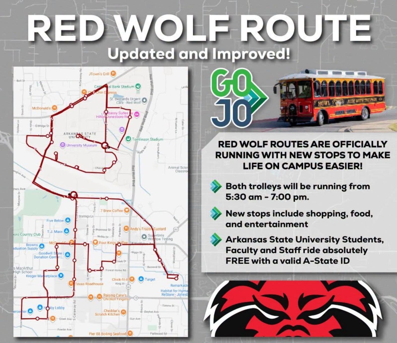 Bản đồ tuyến Red Wolf Route của hệ thống GOJO, kèm hình xe trolley đỏ và thông tin giờ chạy 5:30 sáng đến 7:00 tối