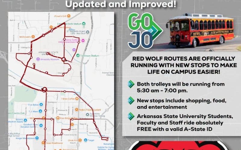 Bản đồ tuyến Red Wolf Route của hệ thống GOJO, kèm hình xe trolley đỏ và thông tin giờ chạy 5:30 sáng đến 7:00 tối